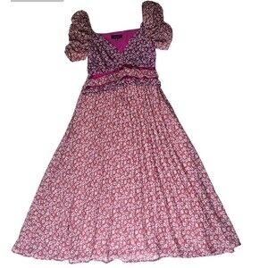 En Saison Dress Women's S Burgundy/ Pink Floral Pleated Flowy Romantic Midi